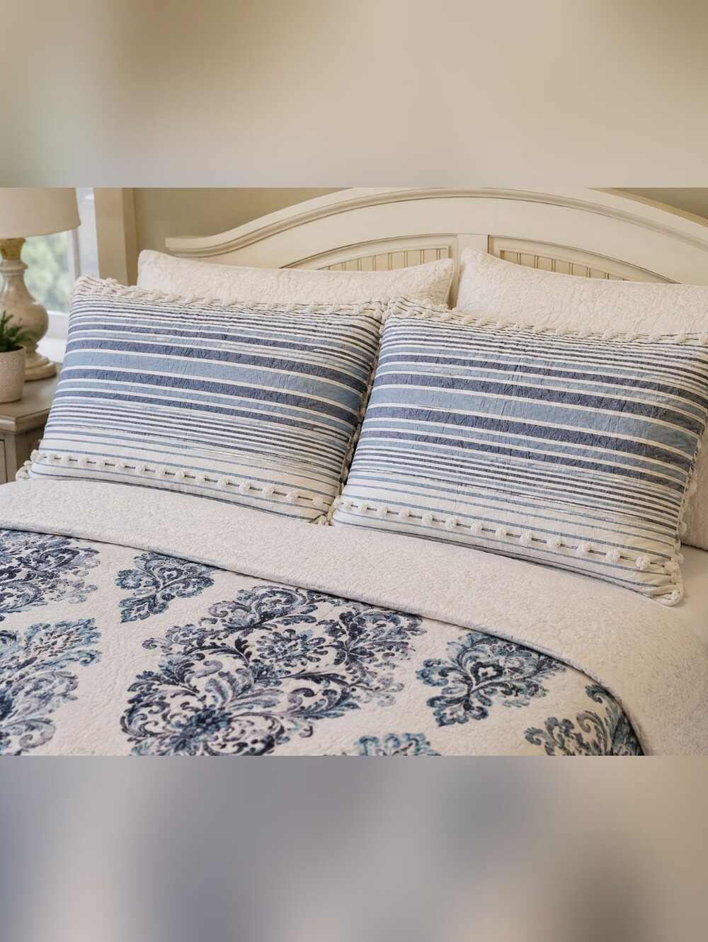 Swift Home Striped Blue and White Cotton Pom Pom 2 Standard Pillow Cases.